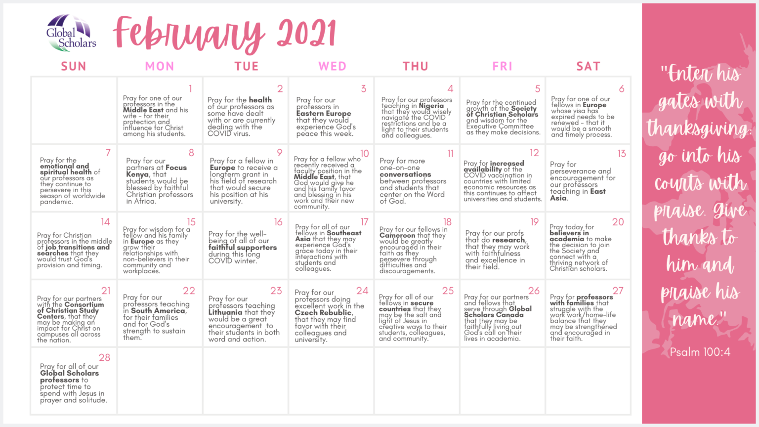 Prayer Calendar – February 2021 - Global Scholars