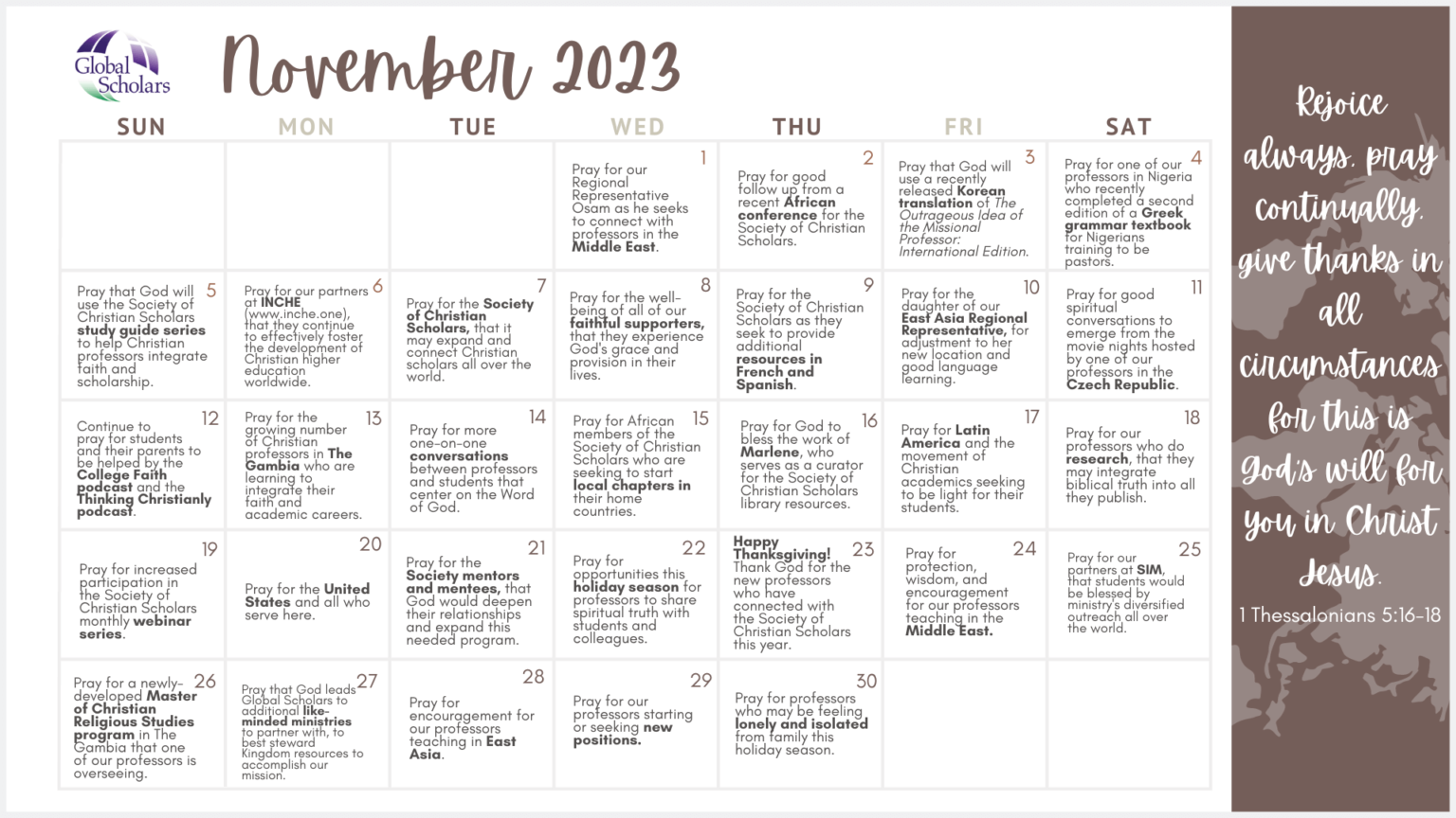 Prayer Calendar – November 2023 - Global Scholars